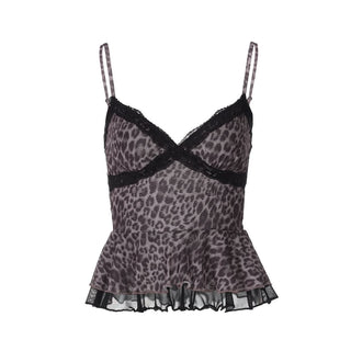 Leopard print mesh v neck lace hem cami top