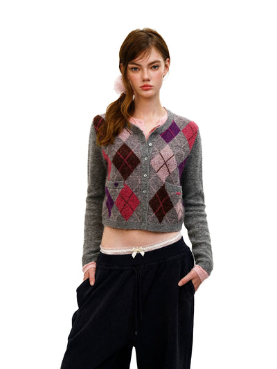 [Moromoro2] Gray Pink Diamond Cardigan