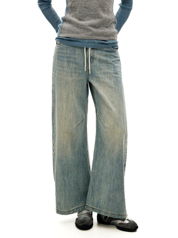 [Moromoro2] Slub Washed Curved Wide Pants