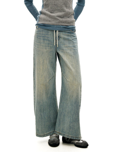 [Moromoro2] Slub Washed Curved Wide Pants
