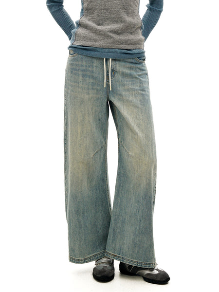 [Moromoro2] Slub Washed Curved Wide Pants