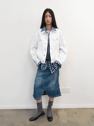 [NeverSeez] Pleated Fishtail Denim Skirt