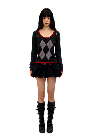 [Moromoro2] Argyle Faux Two-piece Sweater