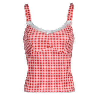 Lace hem plaid backless bowknot cami top
