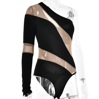 Irregular one shoulder mesh button bodysuit