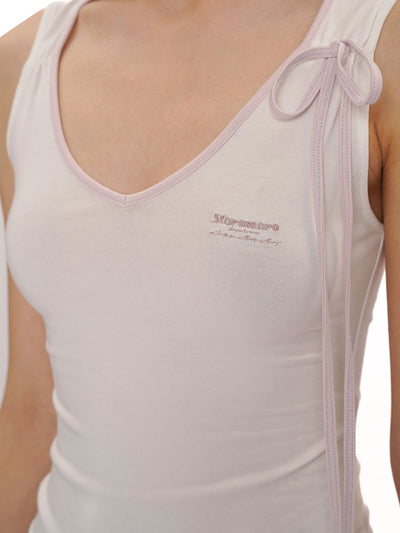 [moromoro2] ontrast-Edge Bow Strap Cami Top