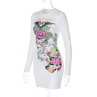 Crewneck long sleeve flower print mini dress
