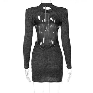 Long sleeve crewneck padded beaded mini dress