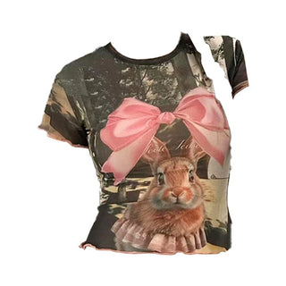 Crew neck short sleeve mesh rabbit print top