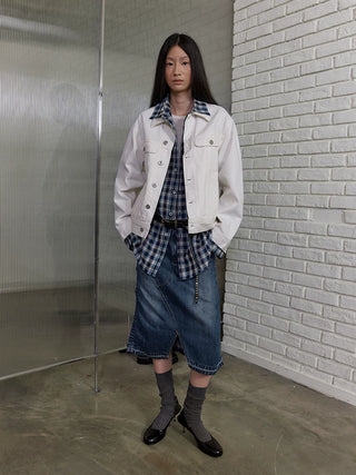 [NeverSeez] Pleated Fishtail Denim Skirt