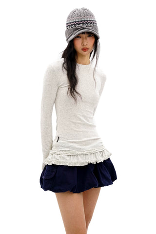 [Moromoro2] Double-layer Lace Hem T-shirt