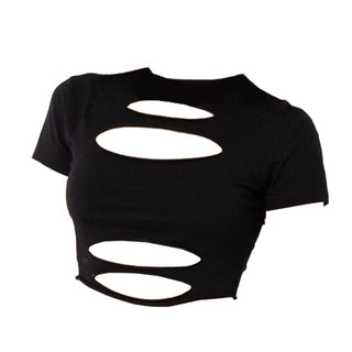 Short sleeve crewneck hollow out solid crop cut out top