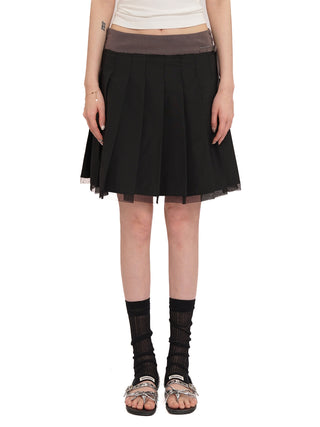[moromoro2] Side-Tie Layered Mesh Pleated  Skirt