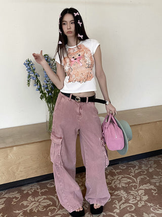 washed denim loose cargo pants