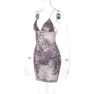 Cross back v neck spaghetti strap print mini dress