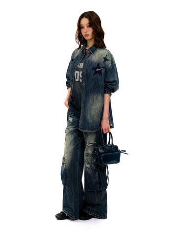 [Moromoro2] Distressed Gradient Rhinestone Denim  Shirt/Utility Pant