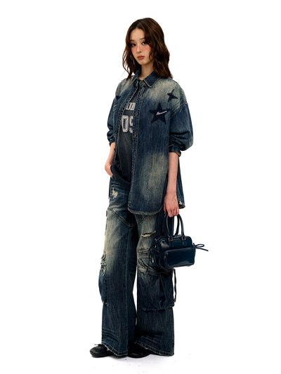 [Moromoro2] Distressed Gradient Rhinestone Denim  Shirt/Utility Pant