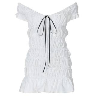 Ruched ribbon off shoulder v neck mini dress