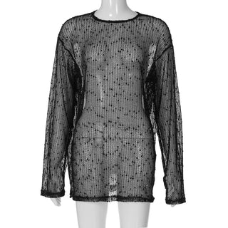 Long sleeve crewneck hollow out see through cut out top