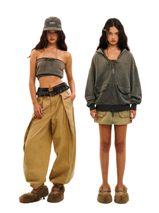 [Moromoro2] Contrast Striped Hooded Cardigan  Set