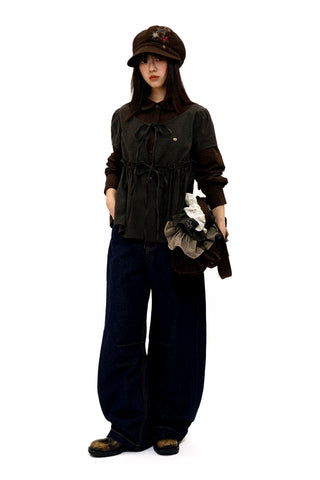 [Moromoro] Faux Two-piece Plaid Ruffled  Shirt