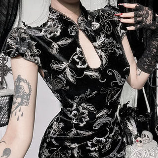 Cap sleeve flower pattern velvet button maxi dress