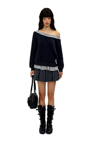 [Moromoro2] Faux Two-piece Off-shoulder Ruffle  Sweatshirt