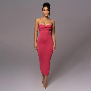 Cowl neck off shoulder ruched slit cami midi dress