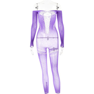 Off shoulder long sleeve beaded hollow out jumpsuit