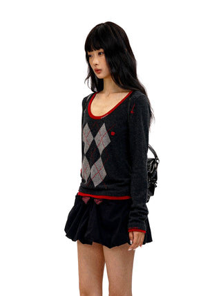 [Moromoro2] Argyle Faux Two-piece Sweater