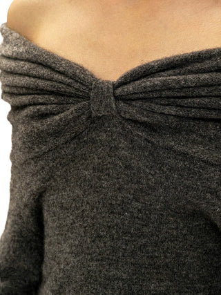 [Moromoro2] Bow Pleated Off-shoulder Knit  Sweater
