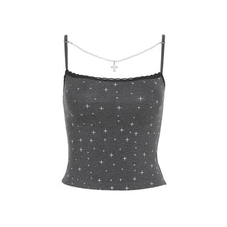 Print lace hem beaded backless cami top