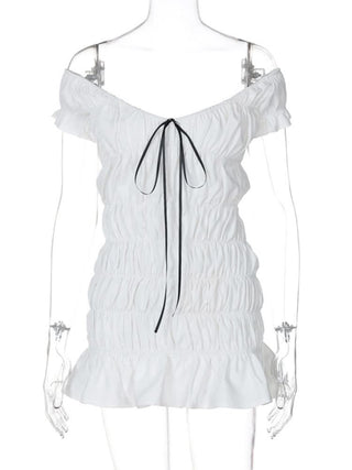 Ruched ribbon off shoulder v neck mini dress