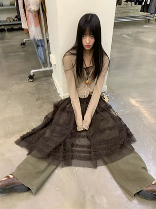 [NeverSeez] Pleated Layered Mesh Cami Dress