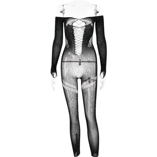 Off shoulder long sleeve beaded hollow out jumpsuit