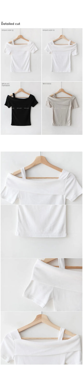 Asymmetrical shoulder short-sleeved T-shirt