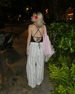 Elastic waist triple stripe cotton pants