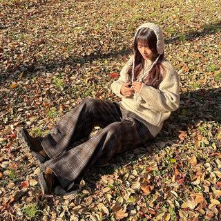 (Unisex) Fleece-lined checkered wide-leg pants