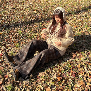 (Unisex) Fleece-lined checkered wide-leg pants