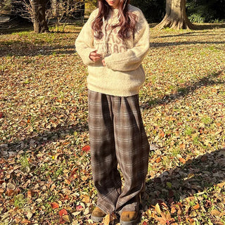 (Unisex) Fleece-lined checkered wide-leg pants