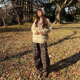 (Unisex) Fleece-lined checkered wide-leg pants