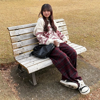 (Unisex) Fleece-lined checkered wide-leg pants
