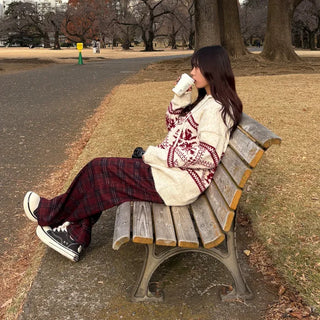 (Unisex) Fleece-lined checkered wide-leg pants