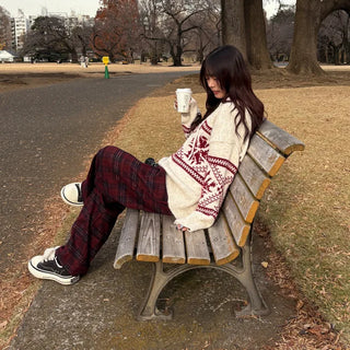 (Unisex) Fleece-lined checkered wide-leg pants