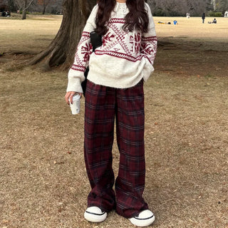 (Unisex) Fleece-lined checkered wide-leg pants