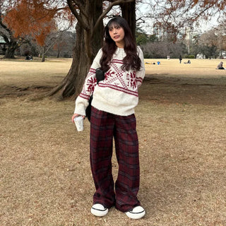 (Unisex) Fleece-lined checkered wide-leg pants