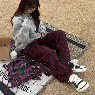 (Unisex) Fleece-lined checkered wide-leg pants