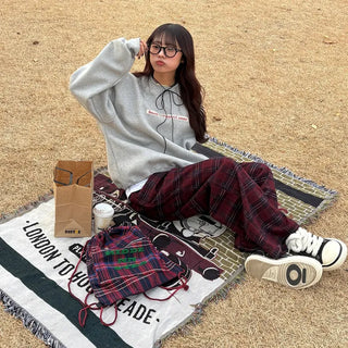 (Unisex) Fleece-lined checkered wide-leg pants