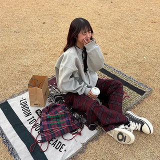 (Unisex) Fleece-lined checkered wide-leg pants