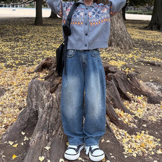 Pleated wide-leg denim pants